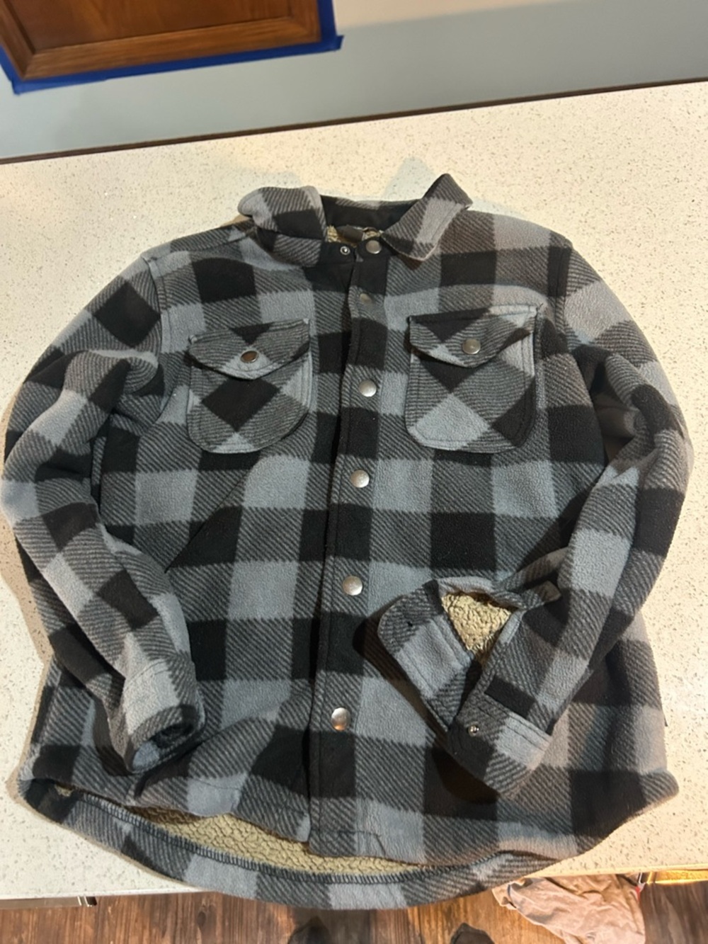 Eddie Bauer Kids Black & Gray Buffalo Plaid Sherpa-Lined Puffer Shirt-Jacket